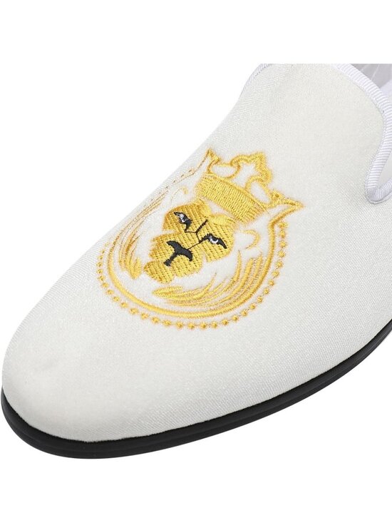 ELANROMAN Men\'s White Velvet Loafers Embroidered Lion Crown Formal Party Shoes